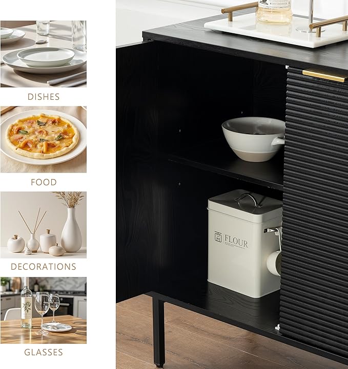 Sideboard Buffet Cabinet Set of 2, Modern Storage Cabinets with Doors and Shelves, Wooden Fluted Cabinet for Living Room, Entryway, Kitchen (2, Embossed Black)