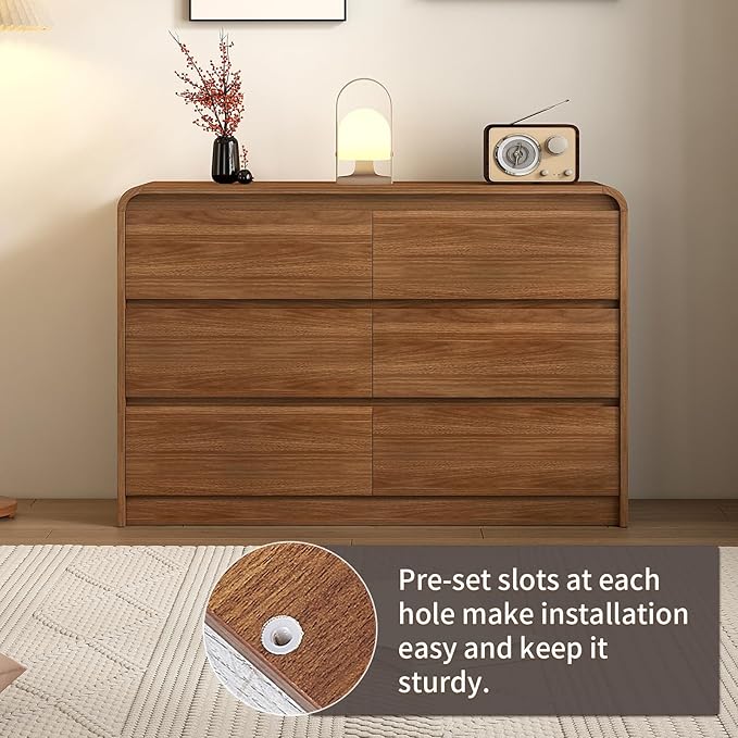 6 Drawer Dresser For Bedroom 55 Inch Wood Chest of Drawers - Curved Anti Collision, Mid Century Dresser For Closet with Natural Texture & Pre-Embedded Slots for TV Stand, Living Room, Nursery