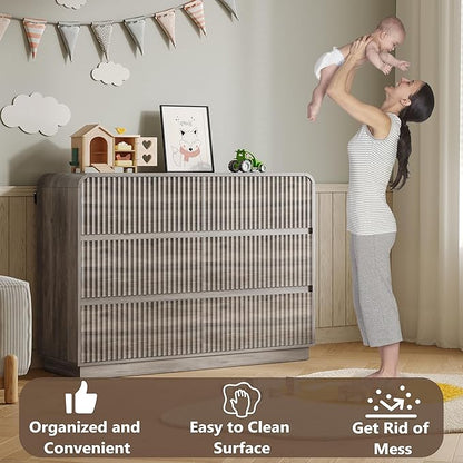 Dresser for Bedroom with 6 Drawers, Fluted Chest of Drawers with Round Curved Corner, Hidden Handles, Modern Wood Storage Organizer for Bedroom, Nursery, Living Room