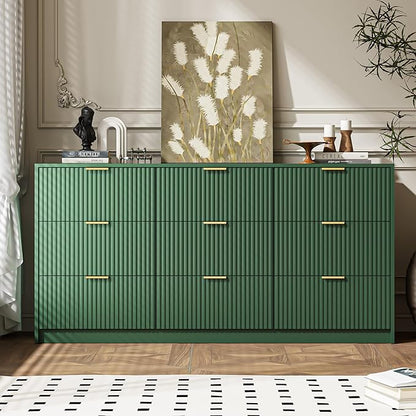 3-Piece Dresser Bedroom Set, 9 Drawer Dresser & 3 Drawer Nightstands with Gold Handles, Fluted Wood Chest of Drawers for Bedroom, Living Room, Entryway, Green