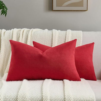 FUTEI Christmas Red Chenille Throw Pillow Covers 12x20 Inch Set of 2,Soft Wide Chevron Textured Lumbar Pillow Cases,Farmhouse Home Decor for Couch Bed Living Room