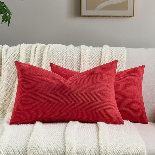 FUTEI Christmas Red Chenille Throw Pillow Covers 12x20 Inch Set of 2,Soft Wide Chevron Textured Lumbar Pillow Cases,Farmhouse Home Decor for Couch Bed Living Room