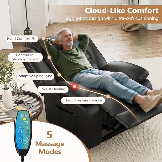 ANJ Black Power Lift Recliner Chair with Massage and Heat, PU Leather Overstuffed Electric Lift Chair for Elderly, Oversized Single Sofa Recliner with Side Pockets, Remote Control