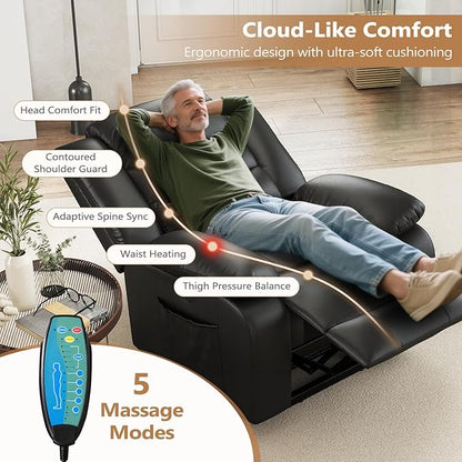 ANJ Black Power Lift Recliner Chair with Massage and Heat, PU Leather Overstuffed Electric Lift Chair for Elderly, Oversized Single Sofa Recliner with Side Pockets, Remote Control