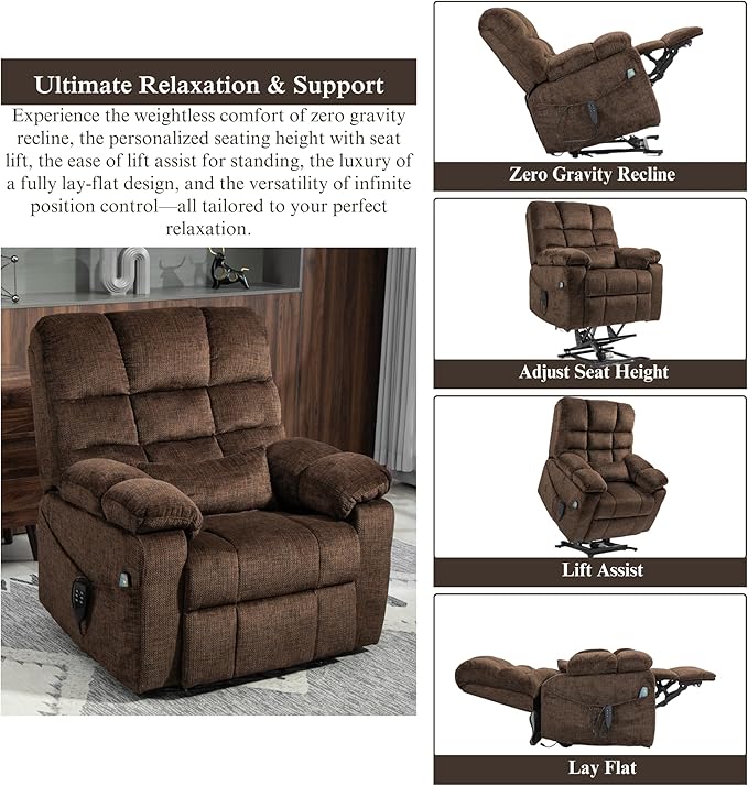 3-Motor Lift Chair with Adjustable Seat Height Zero Gravity Lay Flat Recliner with Heat Massage, Big Man Lift Recliners 400 lbs for Elderly Storage Cup Holders, Tall Man Recliner