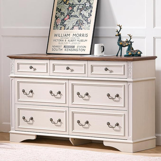Dresser for Bedroom with 7 Drawers, 55" Wide Dresser for Storage and Organization, Farmhouse Chest of Drawers for Living Room, Closet, Hallway, White
