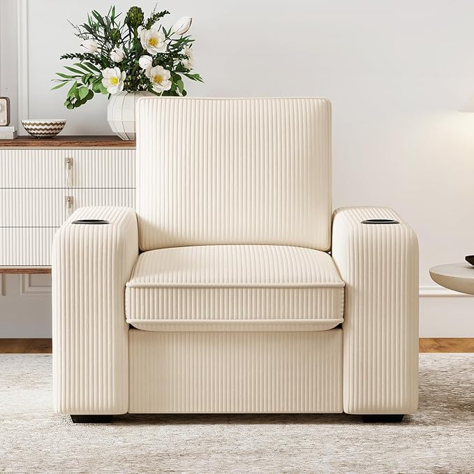 Furnimart 36" Wide Plush Accent Chair, Single Sofa with USB Charger & Cup Holder, Oversized Comfy Chair Tufted Corduroy Fabric, Ideal for Living Room, Bedroom, Apartment(Corduroy-Beige)