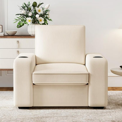 Furnimart 36" Wide Plush Accent Chair, Single Sofa with USB Charger & Cup Holder, Oversized Comfy Chair Tufted Corduroy Fabric, Ideal for Living Room, Bedroom, Apartment(Corduroy-Beige)