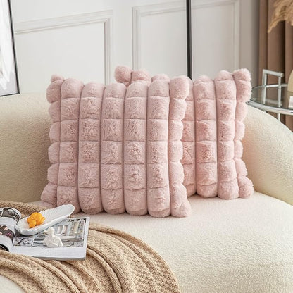 Neelvin Pink Faux Fur Cozy Soft Plaid Decorative Throw Pillow Covers 26x26 inch Set of 2,Velvet Pillowcase Cushion Case for Sofa Couch