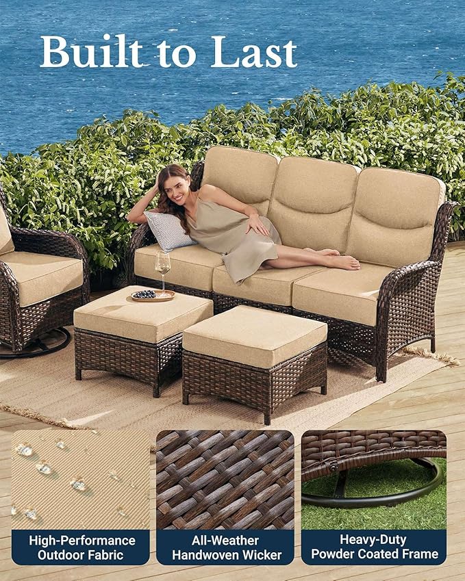 HILLGA Luxury Patio Furniture Set with 6-Inch Thick Cushions, High Back Outdoor Swivel Rocker Chairs Patio Loveseat and Couch, 6-Piece All Weather Conversation Set for Porch Deck Pool Yard, Beige (V3)