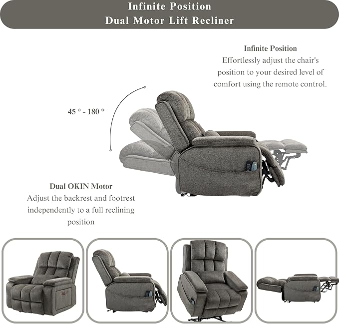 Power Lift Recliner Chairs for Elderly, Infinite Position Lay Flat Recliner with Heat & Massage Side Storage Cup Holder - USB Type C Charging - Dual Motor Lift Chair 400 lbs