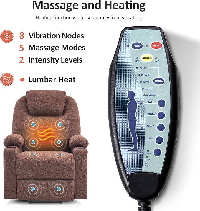 MCombo Power Lift Recliner Chair for Elderly, Lift Chair with Heat and Massage, FSC Certified, USB&Type C Ports, Cup Holders, Fabric 7040 (Medium,Coffee)