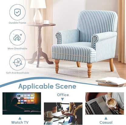 HUIMO Linen Fabric Accent Chair, Mid-Century Modern Armchair with Solid Wood Legs, Single Sofa Chair,Upholstered Reading Club Chair (1, Blue and White Stripe)