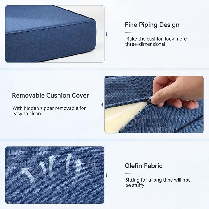 Luxury 6" Outdoor Cushions for Patio Furniture, 24x24x6" Thick Seat Cushion Set of 10, Fade Resistant Couch Chair Replacement Cushions High Density Deep Wicker Chair Cushion w/ Removable Cover, Blue
