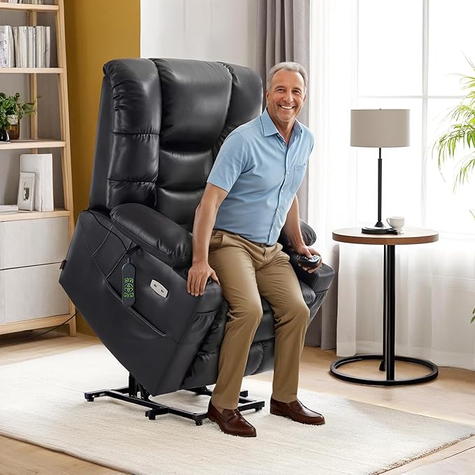 MCombo Large Triple Motor Power Lift Recliner Chair with Massage and Dual Heating, Adjustable Headrest for Tall Elderly People, Faux Leather 7634 (Black, Large)