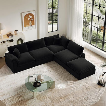 Cloud Modular Sectional Sofa,143" Down Filled Sofa 4 Seat with Chaise,Minimalist Sofa Cover Washable and Replaceable Couches for Living Room,Sectional Sofa Deep Seat Black