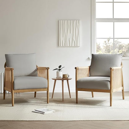 CHITA Braid Accent Chair, Modern Armchair with Solid Wooden Armrest for Living Room and Bedroom, Boho Reading Chair, Light Grey