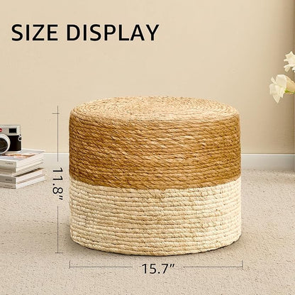 Wimarsbon Round Pouf Ottoman, Natural Hand Knitted Footrest Poof, Rustic Lounge Pouffe, Boho Pous Foot Stool, Accent Table or Seat (Natural Cattail, 15.7 * 15.7 * 11.8)