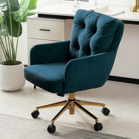 Velvet Office Chair, Comfy Home Office Desk Chairs with Lumbar Support, Modern Velvet Desk Chair Gold Legs Small Swivel Task Chair for Home Office, Bedroom, Study (Blue, L)