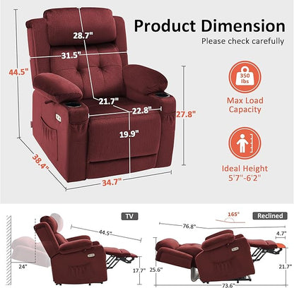 MCombo Large Triple Motor Power Lift Recliner Chair with Massage and Heat for Elderly People, Adjustable Headrest, Infinite Position, USB Ports, Fabric 7662 (Burgundy, Large)