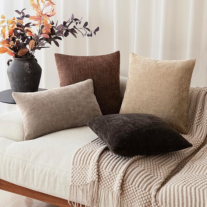 Foindtower Pack of 2 Soft Textured Chenille Throw Decorative Pillow Covers Square Accent Solid Cushion Cover Cozy Neutral Farmhouse Pillow Case for Couch Sofa Bedroom Living Room 20x20 Inch,Red Brown
