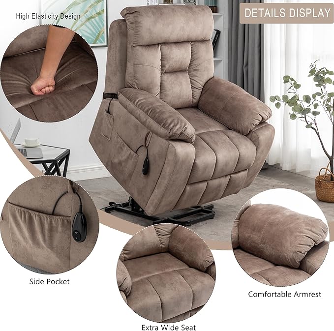 Power Lift Recliner Chair with Massage and Heating Functions,Velvet Sofa with 2 Remote Controls and Two Cup Holders,Recline up to 160 Degrees,Suitable for Living Room