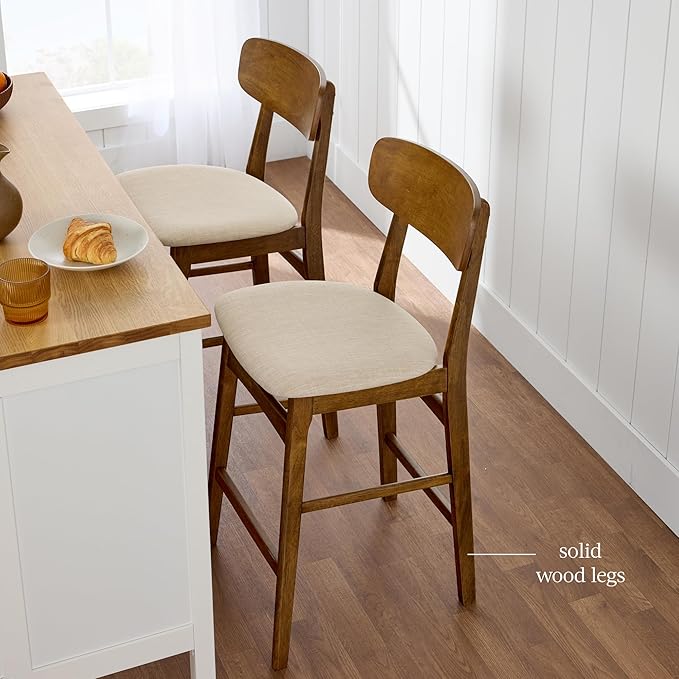 Best Choice Products Bar Stool Set of 2, Modern Farmhouse Counter Height Stools w/Upholstered Cushioned Seat, Wooden Curved Backrest - Walnut/Cream