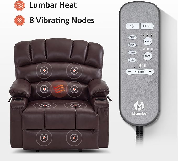 MCombo Power Lift Recliner Chair for Elderly, Lift Chair with Heat and Massage, Extra Wide Lift Recliner for Big People, Faux Leather R7096 (Medium-Wide, Dark Brown)