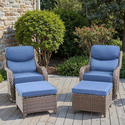 Swivel Patio Chairs sofa Set of 4 with 6" Thick Cushion - Wicker Outdoor Swivel Rocker Patio Chair with Side Table, High Back Comfortable Outdoor Glider Chairs - Brown Wicker | Blue Cushions