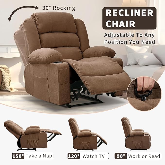 Large Recliner Chair for Adults Overstuffed Fabric Manual Pull Tab Recliner with Cup Holders, Side Pocket, 3-Position Recline, Minimalist Style Single Sofa Chair for Living Room Bedroom, Brown