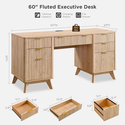 T4TREAM Fluted Executive Desk with Drawers, 60" Modern Home Office Computer Desk with Charging Station, File Cabinet, Keyboard Tray and Storage Cabinet for Study, Living Room, Bedroom, Natural Oak