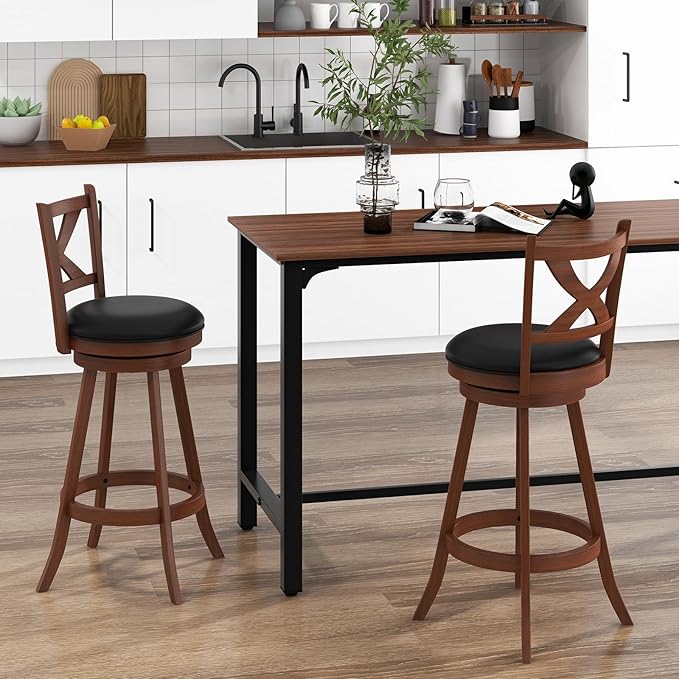 COSTWAY Bar Stools Set of 2, 30 Inch Classic Bar Height Chairs with X-Shaped Open Back, 2 PCS Swivel Barstool Set for Kitchen Island, Pub, Bistro, Café, Espresso (2, 30 Inch)