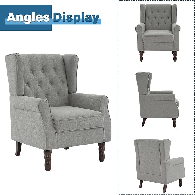 High Back Accent Chairs Set of 2, High Wingback Chair for Living Room, Button-Tufted Upholstered Fabric Armchair with Solid Wood Legs, Comfy Single Sofa Reading Chair for Bedroom, Light Gray