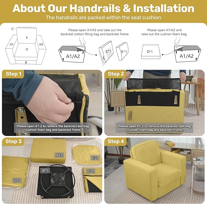 36'' Width 360 Rotation Swivel Accent Chair, Extra Wide Armrests Mid-Century Modern Armchair 1 pcs for Living Room, Bedroom, Office-Yellow