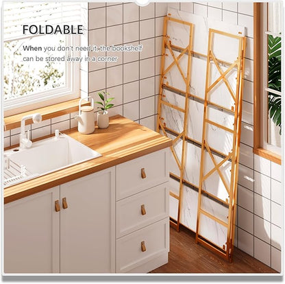 4NM Extra Wide 5 Tiers No Assembly Book Shelves, 51.2" H Folding Bookshelf Bookcase Open Industrial Foldable Shelves for Bedroom, Living Room, Home Office - White Gold