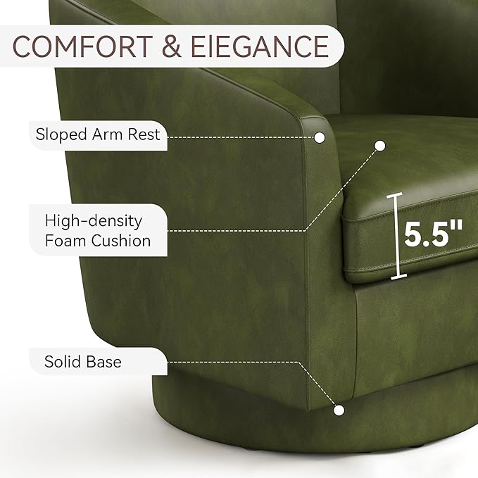 Swivel Barrel Accent Chair, Round Faux Leather Living Room Arm Chairs, Modern Upholstered Comfty Reading Nook Chairs for Bedroom, Small Club Armchair, Single Sofa Side Chair, Green