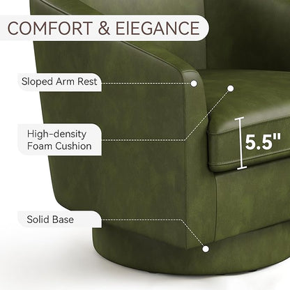 Swivel Barrel Accent Chair, Round Faux Leather Living Room Arm Chairs, Modern Upholstered Comfty Reading Nook Chairs for Bedroom, Small Club Armchair, Single Sofa Side Chair, Green