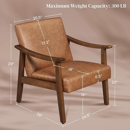 Yaheetech PU Leather Accent Chair, Mid-Century Modern Armchair with Solid Wood Legs, Reading Leisure Chair with High Back for Living Room Bedroom Waiting Room, Set of 2, Brown