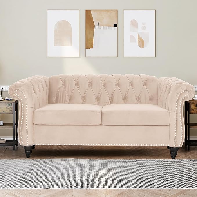 Velvet Loveseat Sofa, Mid Century Modern Upholstered Couch, 62" Oversized Comfy 2 Seater Love Seat Couch with Cushions, Tufted Chesterfield Sofa for Living Room, Bedroom, Apartment (Beige)