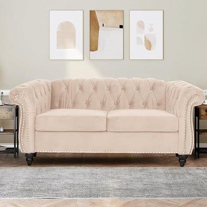 2 Piece Living Room Furniture Set, Velvet Loveseat and Chair Set, Mid Century Modern Upholstered Sofa Couch with Cushions, Comfy Tufted Chesterfield Couches for Living Room, Bedroom, Office