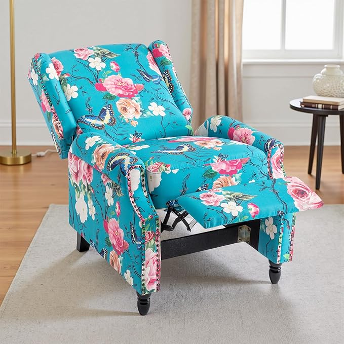 UIXE Pushback Floral Recliner Chairs Set of 2, Fabric Upholstered Armchair Push Back Accent Chair for Living Room, Rivet Trim Club Chair Single Sofa Bedroom Side Reading Seat - Peacock Blue