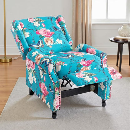 UIXE Pushback Floral Recliner Chairs Set of 2, Fabric Upholstered Armchair Push Back Accent Chair for Living Room, Rivet Trim Club Chair Single Sofa Bedroom Side Reading Seat - Peacock Blue