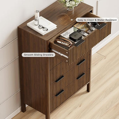 47" Tall Dressers for Bedroom Fluted 5 Drawer Dresser, Wooden Dresser Modern Chest of Drawers Dressers with Organizer Storage for Bedroom, Living Room, Entryway, Walnut