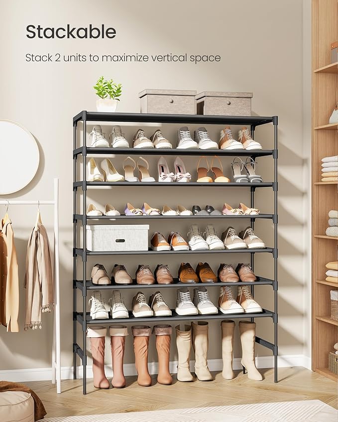 SONGMICS Shoe Rack, 4-Tier Shoe Storage Organizer, Space-Saving, 11.6 x 24.5 x 27.7 Inches, Entryway, Metal Frame, Non-Woven Fabric Shelves, Ink Black ULSH024BH01S