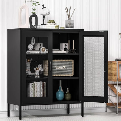 Black Metal Storage Cabinet with Mesh Doors, Small Office Storage Locker with 2 Adjustable Shelves, Accent Metal Locker Cabinet for Home, Office, Living Room, Hallway