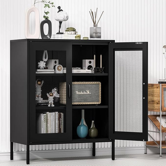 Black Metal Storage Cabinet with Mesh Doors, Small Office Storage Locker with 2 Adjustable Shelves, Accent Metal Locker Cabinet for Home, Office, Living Room, Hallway