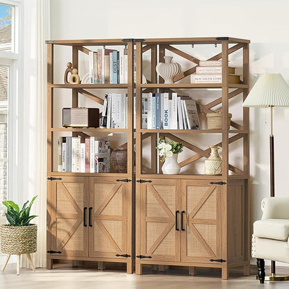 5 Tier Bookshelf 70" Rattan Boho Tall Bookcase with Barn Doors,Large Farmhouse Display Book Shelf with Adjustable Shelves and Storage Cabinet，Wood Bookshelves for Living Room,Kitchen,Natural
