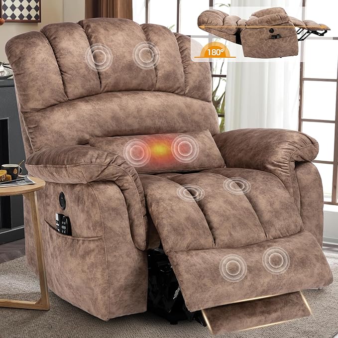 Tall Man Oversized Dual Motor Power Lift Recliner w/Heat Massage, Large Lay Flat Sleeper Electric Recliner with Extended Footrest for Elderly, Lumbar Pillow, USB & Type-C Ports, Plush-Brown