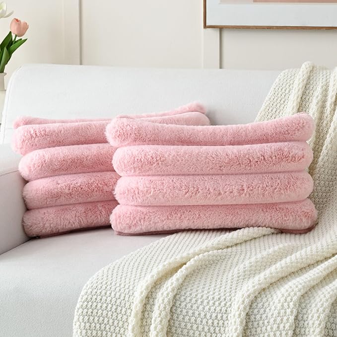 FUTEI Pink Decorative Throw Pillow Covers 12x20 Inch Set of 2, Square Soft Faux Rabbit Fur Thick Striped Lumbar Pillow Case,Winter Home Decor for Couch Bed Living Room