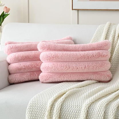 FUTEI Pink Decorative Throw Pillow Covers 12x20 Inch Set of 2, Square Soft Faux Rabbit Fur Thick Striped Lumbar Pillow Case,Winter Home Decor for Couch Bed Living Room